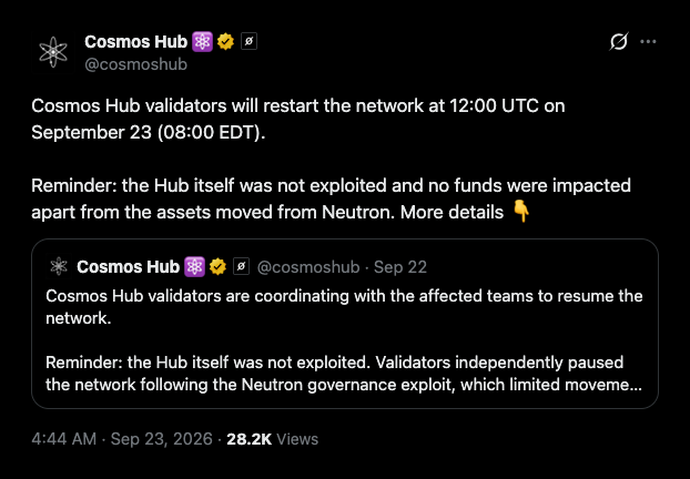 Cosmos Hub restart moves 1.23 million ATOM from Neutron exploiter's wallet without owner's signature