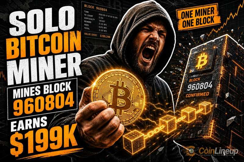 Un minero en solitario de Bitcoin resuelve de forma independiente el bloque 960804 y obtiene aproximadamente 199.000 dólares en recompensas