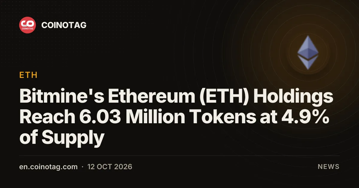 Запасы Ethereum (ETH) у BitMine достигли 6,03 млн токенов — около 4,9% предложения