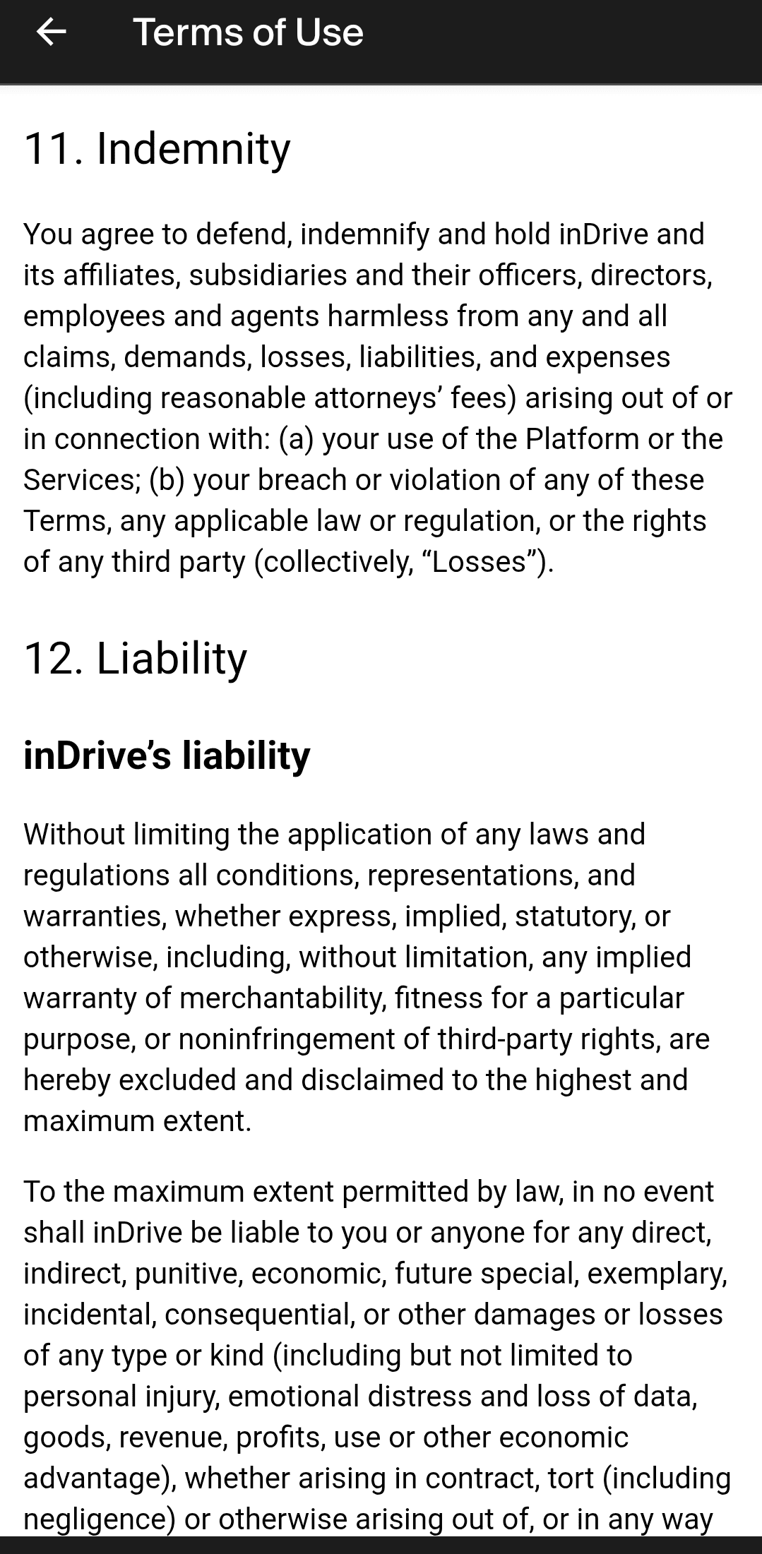 inDrive's Terms of Use Disclaim Liability to Drivers, Riders, and Goods