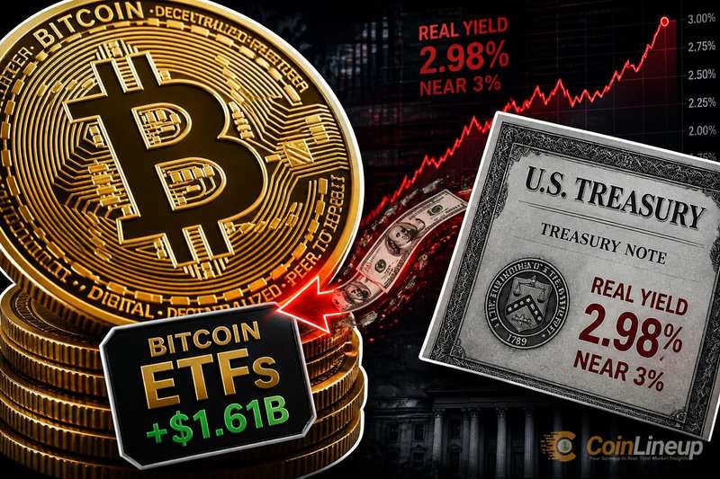 Los ETF de Bitcoin captan 1.610 millones de dólares en cuatro sesiones mientras el rendimiento real del Tesoro se acerca al 3%