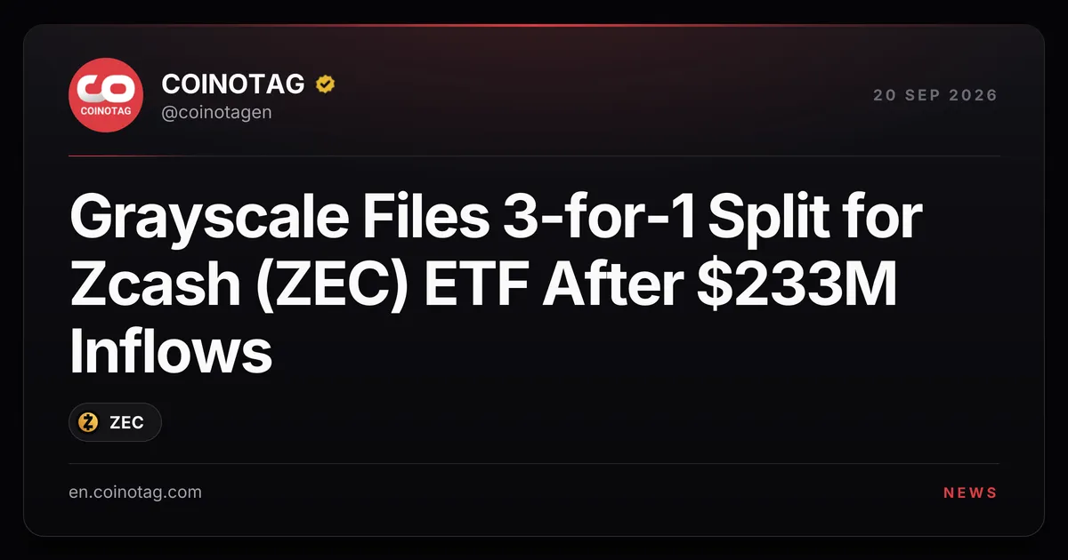 Grayscale подала заявку на дробление акций 3-к-1 для Zcash ETF ZCSH после притока $233 млн