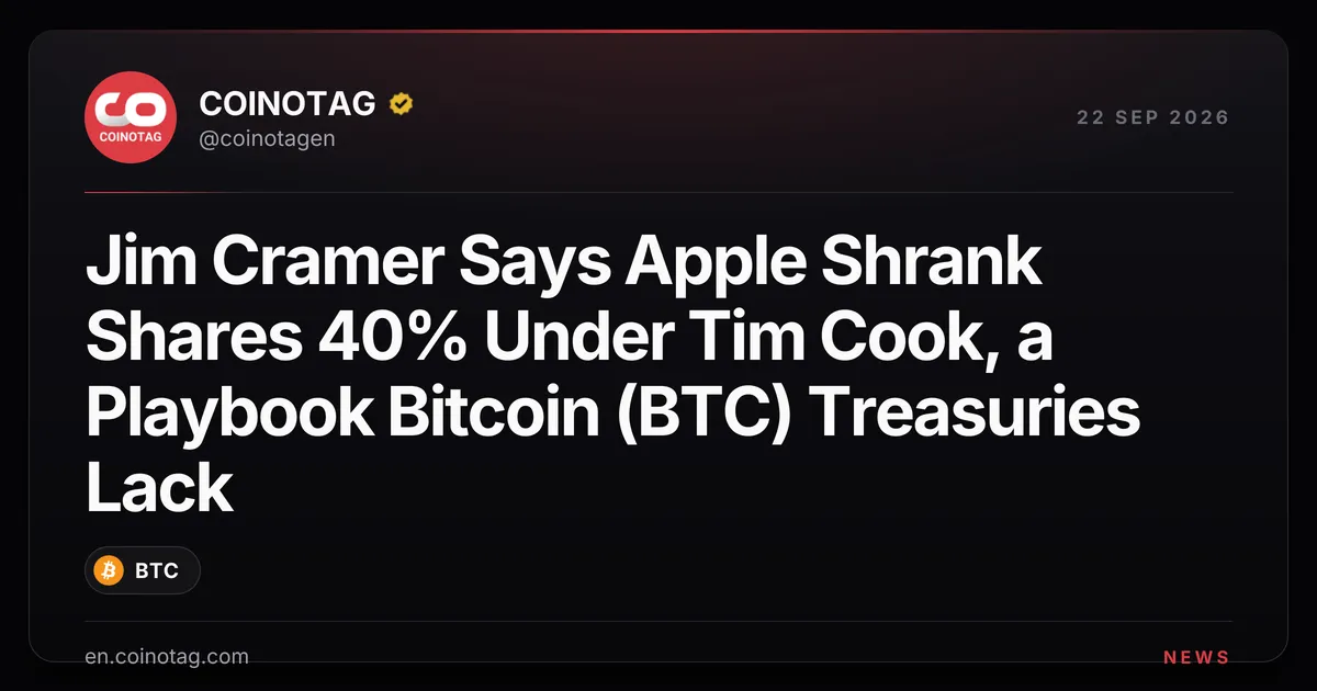 Jim Cramer twierdzi, że 40-proc. redukcja liczby akcji Apple pod rządami Tima Cooka to podręcznikowy wzorzec, którego brakuje skarbcom Bitcoina (BTC)