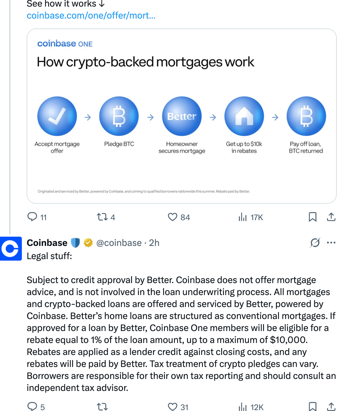 Прогноз по акциям Coinbase после запуска ипотек, обеспеченных биткоином