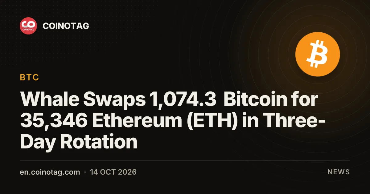 Une baleine échange 1 074,3 Bitcoin contre 35 346 Ethereum (ETH) en une rotation de trois jours